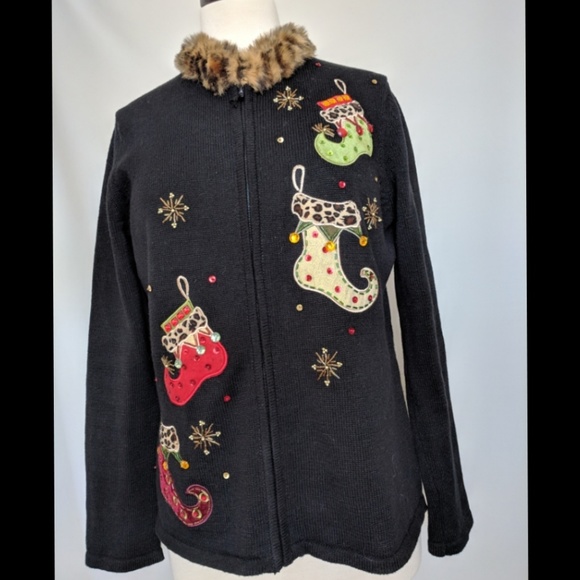 Tiara International Sweaters - Tiara Christmas holiday zip cardigan sweater